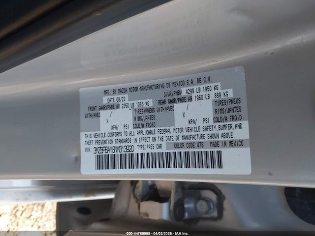 2022 Mazda Mazda3 2.5 Turbo მანქანა იყიდება აუქციონზე, vin: 3MZBPBAY8NM313920, აუქციონის ნომერი: 44760955