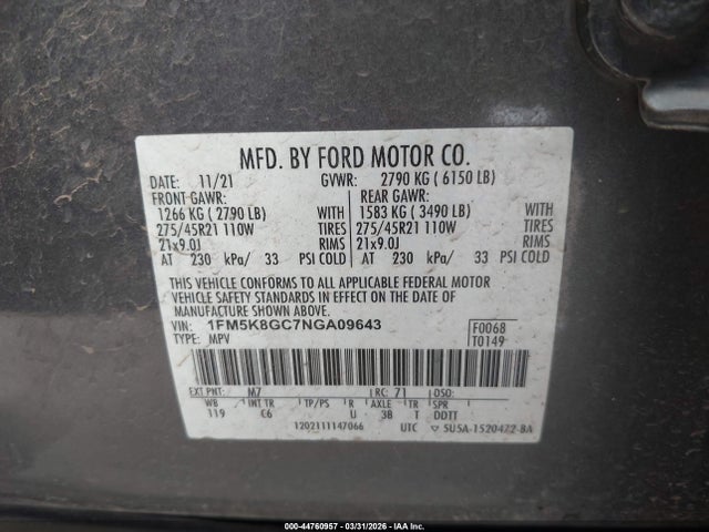 Продажа на аукционе авто 2022 Ford Explorer St, vin: 1FM5K8GC7NGA09643, номер лота: 44760957