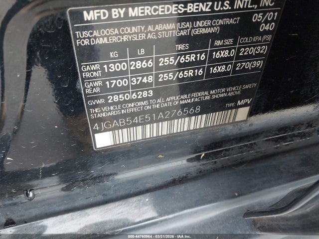 Aukcja sprzedaży 2001 Mercedes-benz Ml 320, vin: 4JGAB54E51A276568, numer aukcji: 44760964
