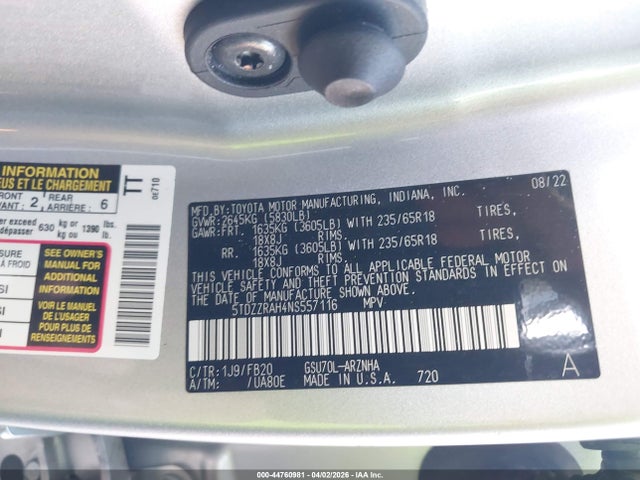 2022 TOYOTA HIGHLANDER 5TDZZRAH4NS557116 Photo 8