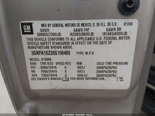 Aukcja sprzedaży 2006 Chevrolet Suburban 1500 Ls, vin: 3GNFK16Z26G198480, numer aukcji: 44760982