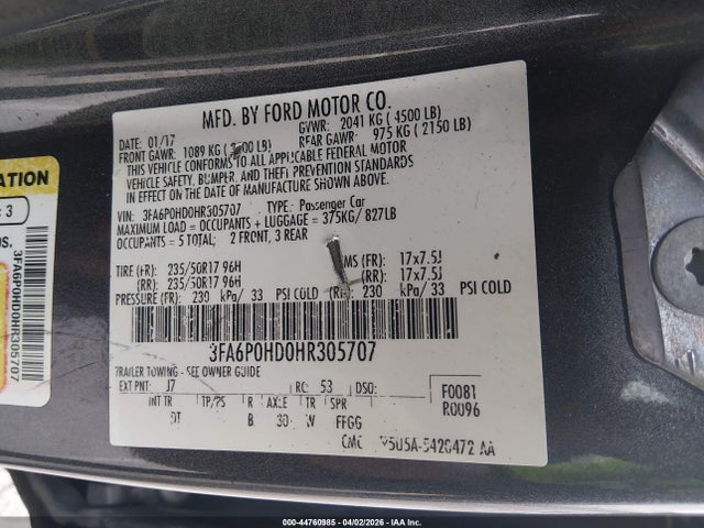 Aukcja sprzedaży 2017 Ford Fusion Se, vin: 3FA6P0HD0HR305707, numer aukcji: 44760985