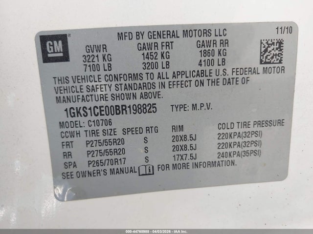 Aukcja sprzedaży 2011 Gmc Yukon Slt, vin: 1GKS1CE00BR198825, numer aukcji: 44760988