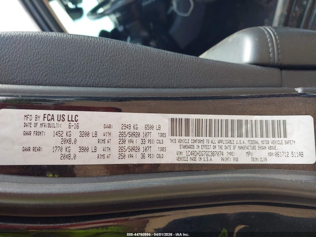 2016 Dodge Durango Limited მანქანა იყიდება აუქციონზე, vin: 1C4RDHDG7GC387074, აუქციონის ნომერი: 44760994