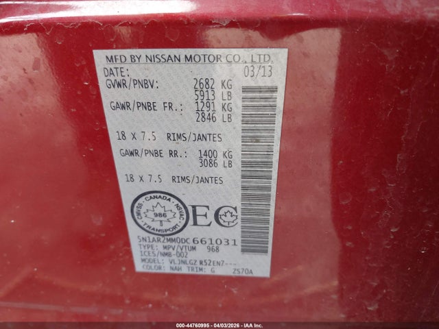 2013 Nissan Pathfinder Platinum/s/sl/sv მანქანა იყიდება აუქციონზე, vin: 5N1AR2MM0DC661031, აუქციონის ნომერი: 44760995