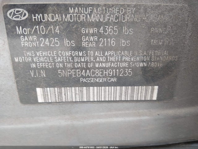 Aukcja sprzedaży 2014 Hyundai Sonata Gls, vin: 5NPEB4AC8EH911235, numer aukcji: 44761003