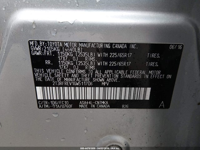Aukcja sprzedaży 2016 Toyota Rav4 Xle, vin: 2T3RFREV1GW511706, numer aukcji: 44761009