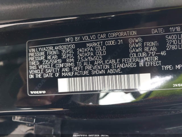 LYVA22RL4KB283130 Volvo Xc60 T6 Inscription