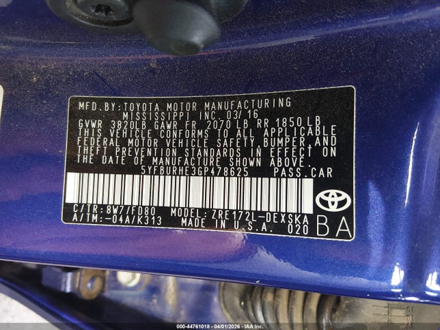 44761018 :رقم المزاد ، 5YFBURHE3GP478625 vin ، 2016 Toyota Corolla S مزاد بيع