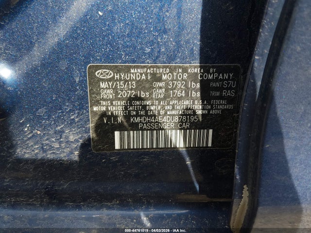 Auction sale of the 2013 Hyundai Elantra Gls, vin: KMHDH4AE4DU878195, lot number: 44761019