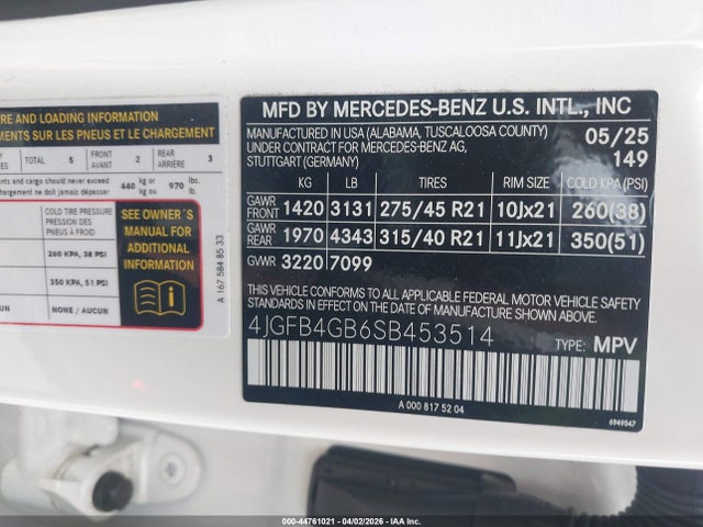 Aukcja sprzedaży 2025 Mercedes-benz Gle 450e 4matic, vin: 4JGFB4GB6SB453514, numer aukcji: 44761021