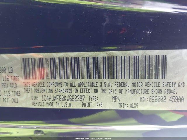 2019 Jeep Wrangler Unlimited Rubicon 4x4 მანქანა იყიდება აუქციონზე, vin: 1C4HJXFG0KW662397, აუქციონის ნომერი: 44761024