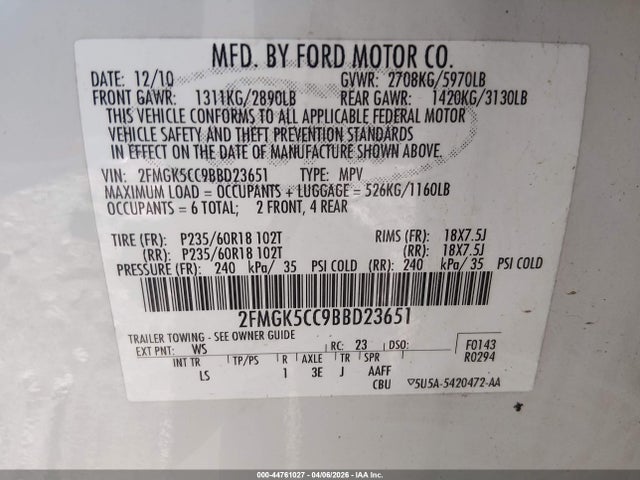 44761027 :رقم المزاد ، 2FMGK5CC9BBD23651 vin ، 2011 Ford Flex Sel مزاد بيع