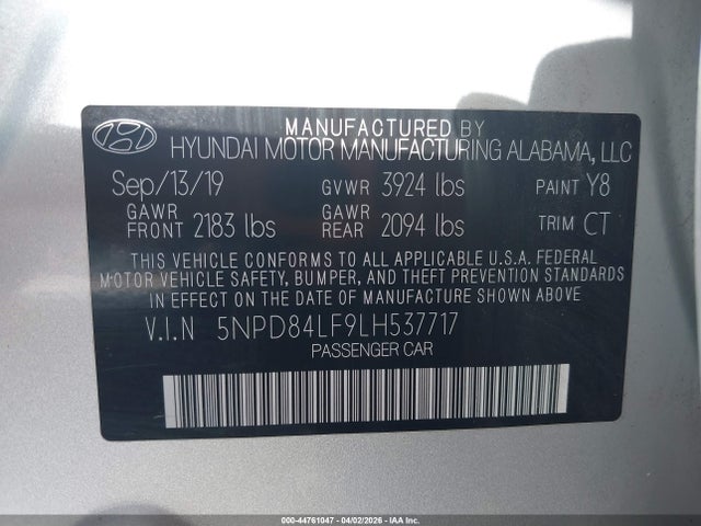 Продажа на аукционе авто 2020 Hyundai Elantra Sel, vin: 5NPD84LF9LH537717, номер лота: 44761047