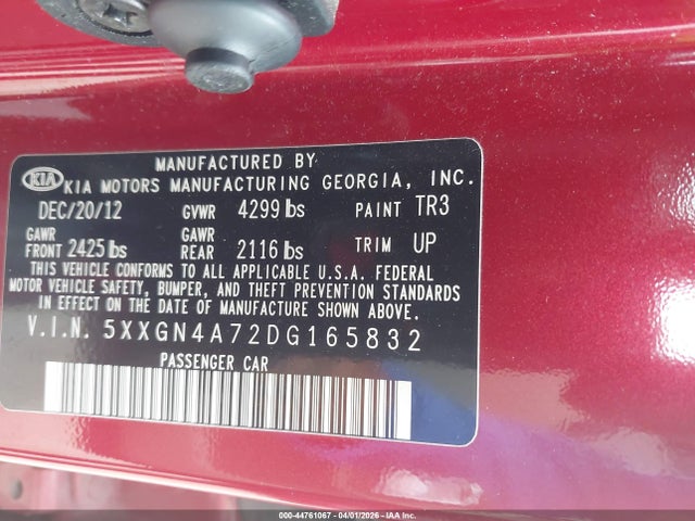 Продаж на аукціоні авто 2013 Kia Optima Ex, vin: 5XXGN4A72DG165832, номер лоту: 44761067