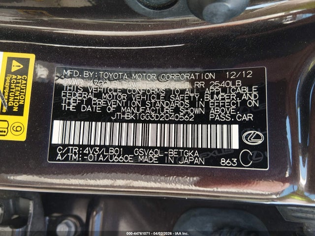 44761071 :رقم المزاد ، JTHBK1GG3D2040562 vin ، 2013 Lexus Es 350 مزاد بيع