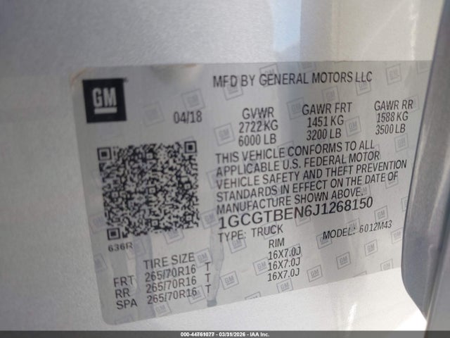 1GCGTBEN6J1268150 Chevrolet Colorado Wt