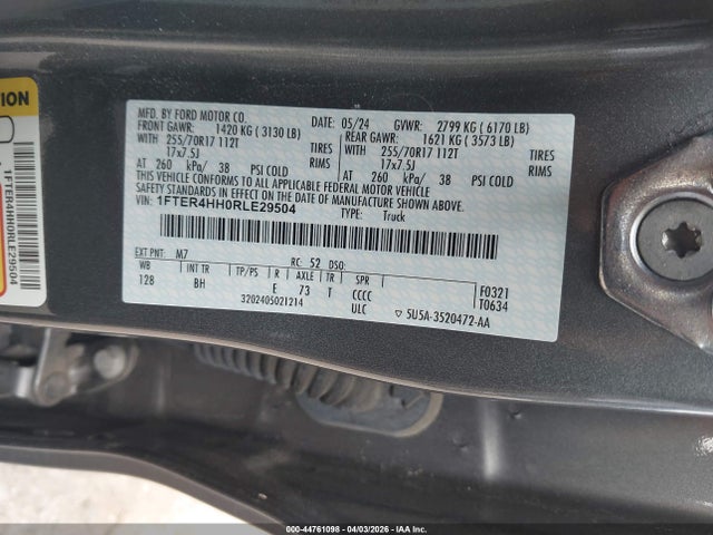 Aukcja sprzedaży 2024 Ford Ranger Xlt, vin: 1FTER4HH0RLE29504, numer aukcji: 44761098