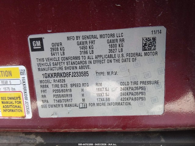 44761099 :رقم المزاد ، 1GKKRRKD8FJ233585 vin ، 2015 Gmc Acadia Slt-1 مزاد بيع