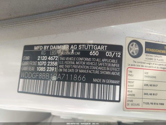 44761102 :رقم المزاد ، WDDGF8BB1CA711866 vin ، 2012 Mercedes-benz C 300 Sport 4matic مزاد بيع