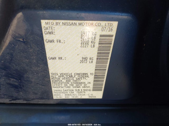 44761103 :رقم المزاد ، 1N4AL3AP5GN381906 vin ، 2016 Nissan Altima 2.5 Sr مزاد بيع