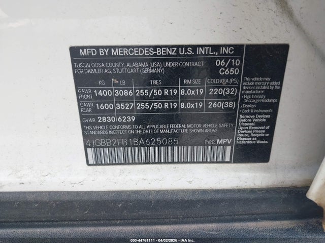 Aukcja sprzedaży 2011 Mercedes-benz Ml 350 Bluetec 4matic, vin: 4JGBB2FB1BA625085, numer aukcji: 44761111