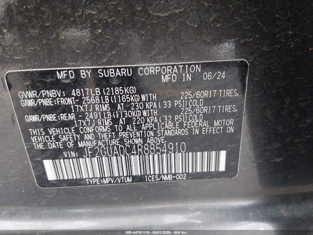 Aukcja sprzedaży 2024 Subaru Crosstrek Premium, vin: JF2GUADC4R8854910, numer aukcji: 44761115