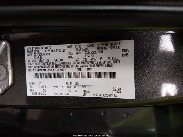 Продажа на аукционе авто 2015 Ford Escape Se, vin: 1FMCU9GX9FUC18671, номер лота: 44761121