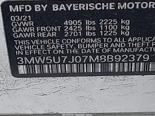 Aukcja sprzedaży 2021 Bmw M340i, vin: 3MW5U7J07M8B92379, numer aukcji: 44761127