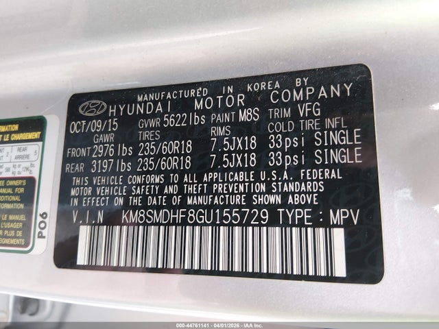 Aukcja sprzedaży 2016 Hyundai Santa Fe Se, vin: KM8SMDHF8GU155729, numer aukcji: 44761141