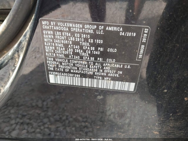 44761144 :رقم المزاد ، 1V2DR2CA0KC561385 vin ، 2019 Volkswagen Atlas 3.6l V6 Se مزاد بيع