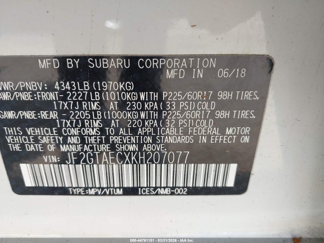 Aukcja sprzedaży 2019 Subaru Crosstrek 2.0i Premium, vin: JF2GTAECXKH207077, numer aukcji: 44761151
