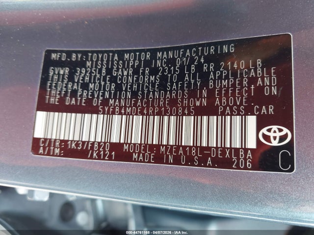 44761168 :رقم المزاد ، 5YFB4MDE4RP130845 vin ، 2024 Toyota Corolla Le مزاد بيع