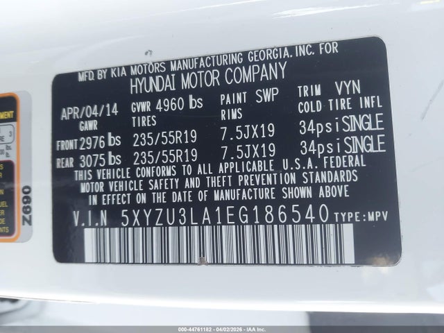 Aukcja sprzedaży 2014 Hyundai Santa Fe Sport 2.0l Turbo, vin: 5XYZU3LA1EG186540, numer aukcji: 44761182