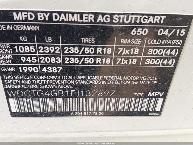 Aukcja sprzedaży 2015 Mercedes-benz Gla 250 4matic, vin: WDCTG4GB1FJ132897, numer aukcji: 44761205