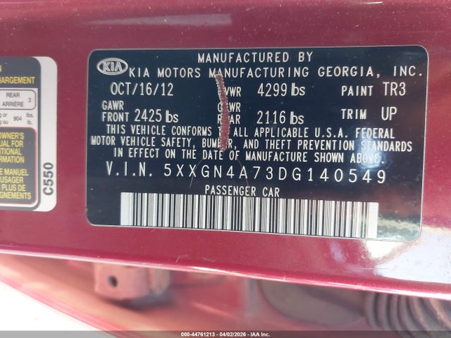 44761213 :رقم المزاد ، 5XXGN4A73DG140549 vin ، 2013 Kia Optima Ex مزاد بيع
