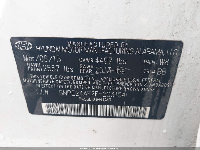 44761214 :رقم المزاد ، 5NPE24AF2FH203154 vin ، 2015 Hyundai Sonata Se مزاد بيع