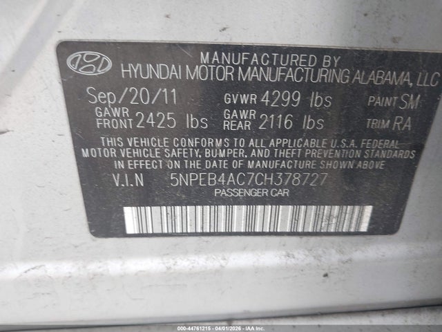 Продаж на аукціоні авто 2012 Hyundai Sonata Gls, vin: 5NPEB4AC7CH378727, номер лоту: 44761215
