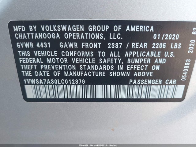 Aukcja sprzedaży 2020 Volkswagen Passat 2.0t Se, vin: 1VWSA7A30LC012379, numer aukcji: 44761244