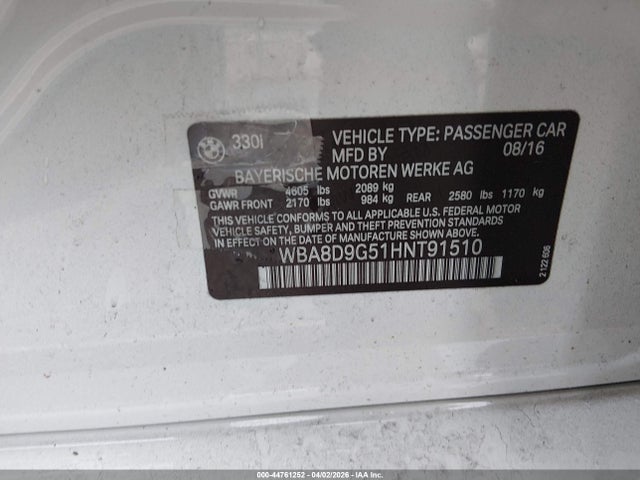 2017 Bmw 330i Xdrive მანქანა იყიდება აუქციონზე, vin: WBA8D9G51HNT91510, აუქციონის ნომერი: 44761252