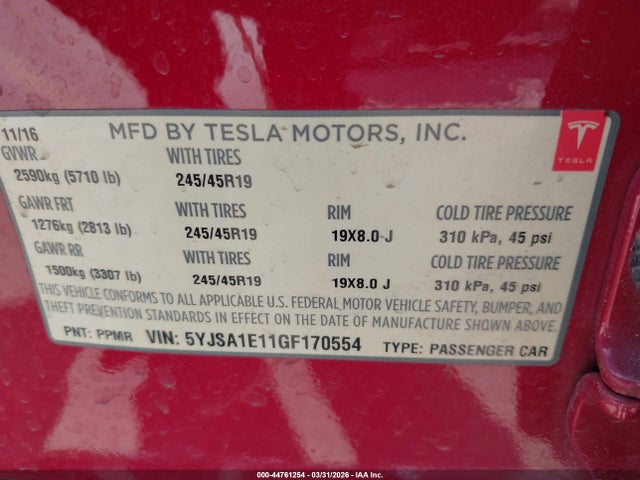44761254 :رقم المزاد ، 5YJSA1E11GF170554 vin ، 2016 Tesla Model S 60/70/75/85 مزاد بيع