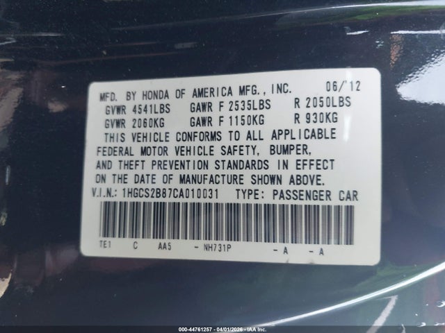 44761257 :رقم المزاد ، 1HGCS2B87CA010031 vin ، 2012 Honda Accord 3.5 Ex-l مزاد بيع