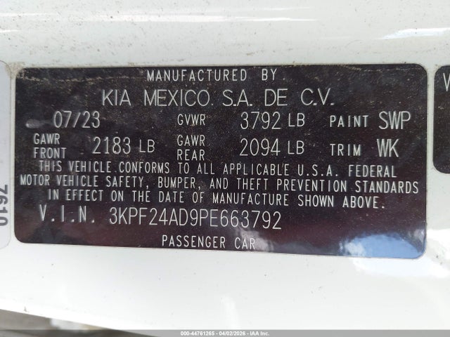 Продаж на аукціоні авто 2023 Kia Forte Lxs, vin: 3KPF24AD9PE663792, номер лоту: 44761265