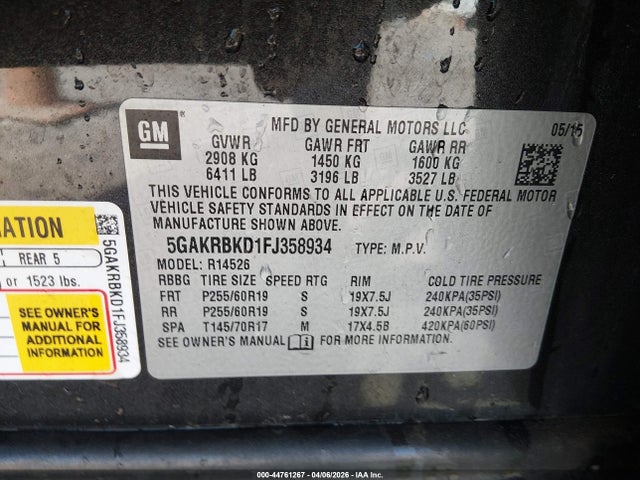Продаж на аукціоні авто 2015 Buick Enclave Leather, vin: 5GAKRBKD1FJ358934, номер лоту: 44761267