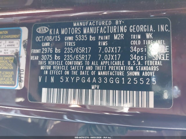 KIA Sorento 2.4l Lx 2016 5XYPG4A33GG125525 Image 9