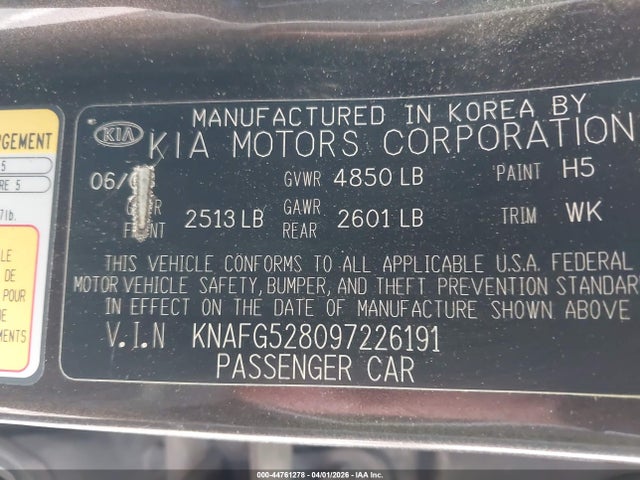 2009 Kia Rondo Lx მანქანა იყიდება აუქციონზე, vin: KNAFG528097226191, აუქციონის ნომერი: 44761278