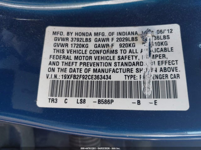 2012 Honda Civic Ex-l მანქანა იყიდება აუქციონზე, vin: 19XFB2F92CE363434, აუქციონის ნომერი: 44761281