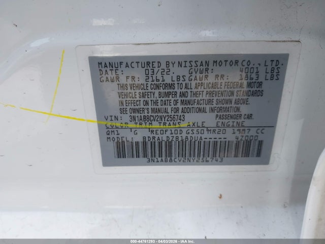 Продажа на аукционе авто 2022 Nissan Sentra Sv Xtronic Cvt, vin: 3N1AB8CV2NY256743, номер лота: 44761293