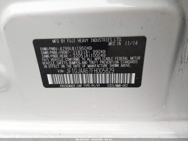 Aukcja sprzedaży 2015 Subaru Impreza 2.0i, vin: JF1GJAA67FH005829, numer aukcji: 44761297