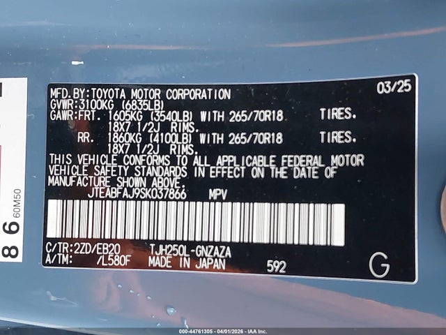 Продаж на аукціоні авто 2025 Toyota Land Cruiser, vin: JTEABFAJ9SK037866, номер лоту: 44761305